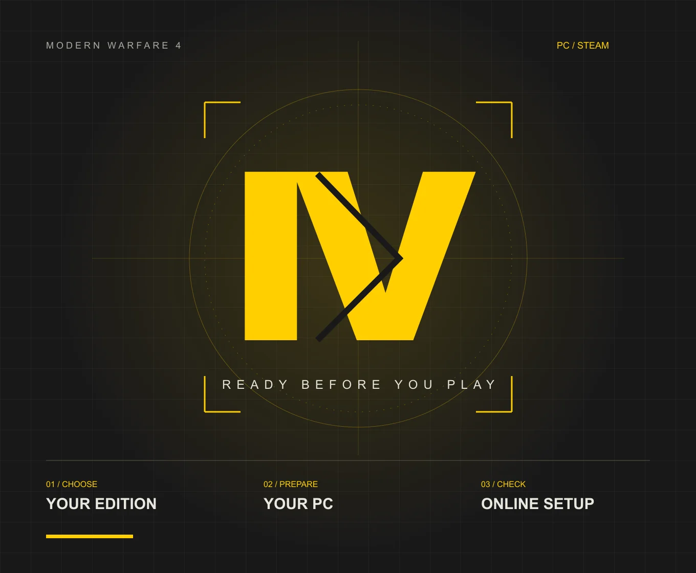 Original black and yellow MW4 Steam field guide artwork, showing the route from edition choice to PC preparation and online checks.